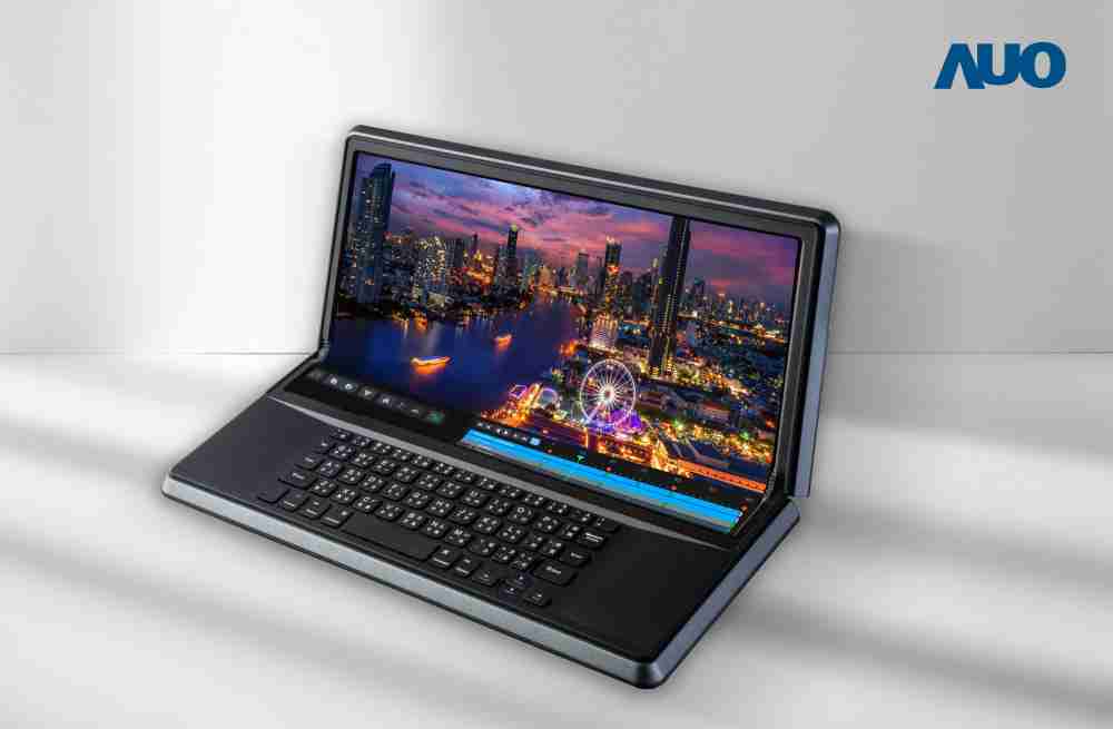 传奇国际14.6吋Micro LED折迭显示屏幕，，，搭配半径4mm的弯折绞炼，，以及高画素、、高亮度、、高对比度的显示技术特点，，即便在大视角下仍保有绝佳色相与亮度